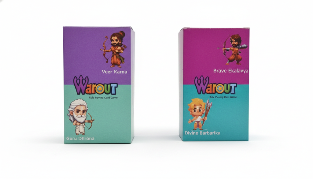 Warout Mahabharata strategy card game box and cards