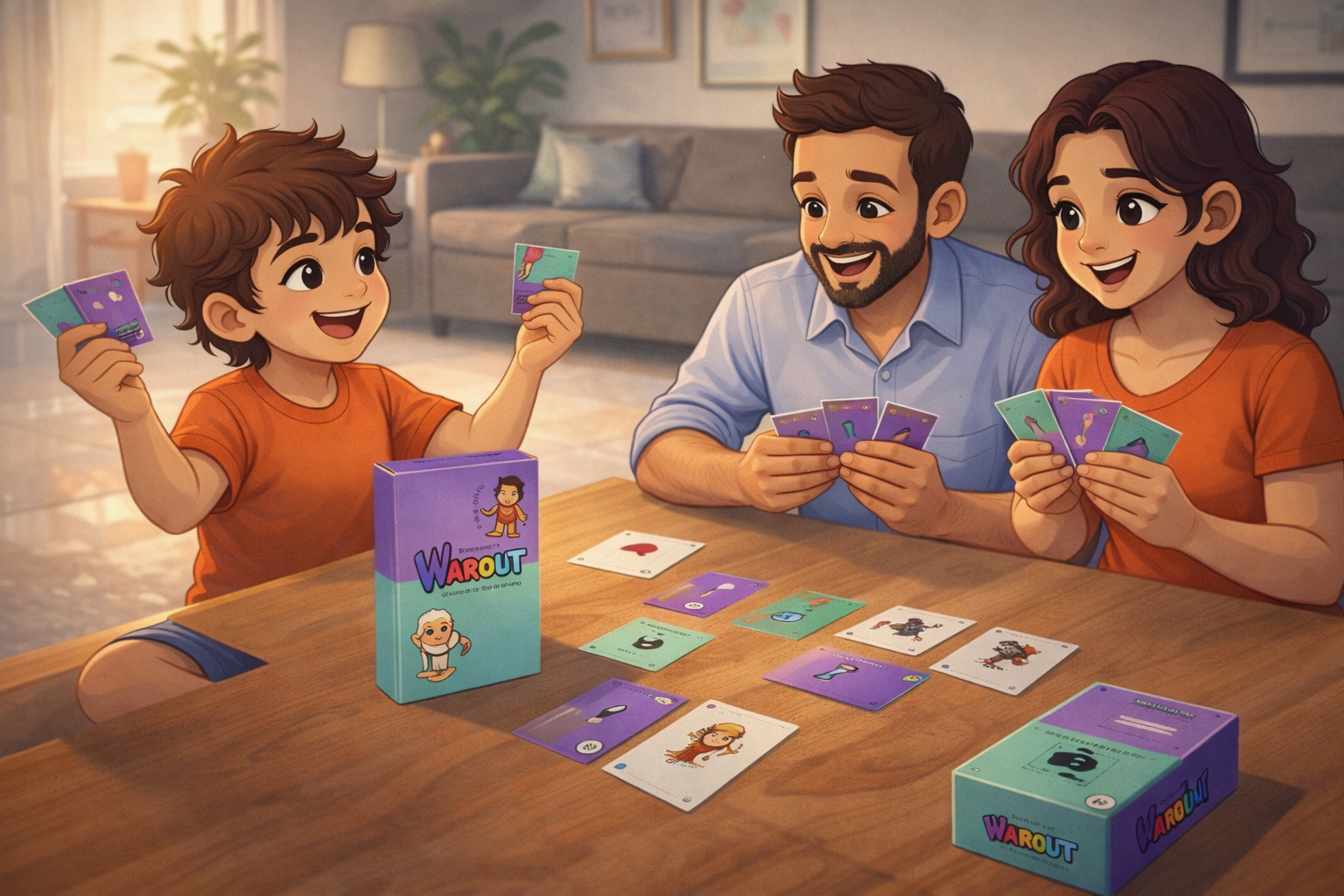 Kids playing WAROUT card game together indoors